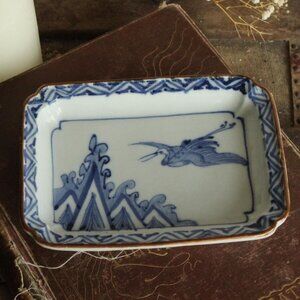 Vintage 1800s Sometsuke Plate, Antique Crane Pattern Blue And White Small Tray